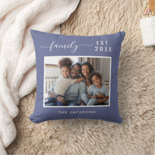Family photo blue name script cushion