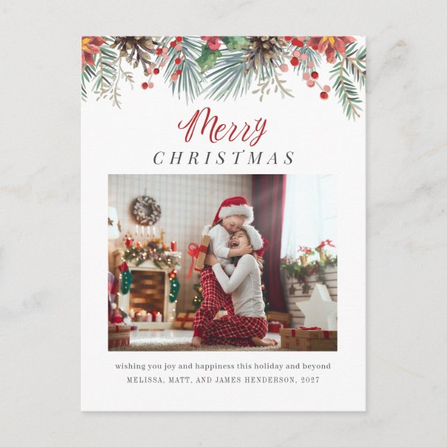 Family Photo Botanical Merry Christmas Holiday Postcard (Front)