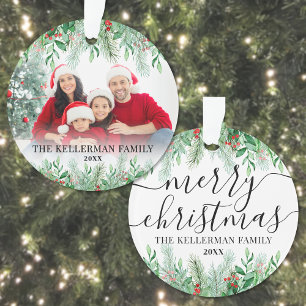 Family Photo Botanical Merry Christmas Ornament