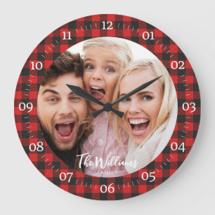 Family Photo buffalo plaid with Modern Script Large Clock