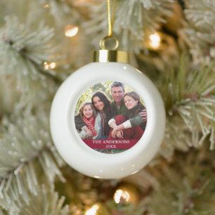 Family Photo Burgundy Ceramic Ball Christmas Ornament