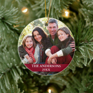 Family Photo Burgundy Ceramic Ornament