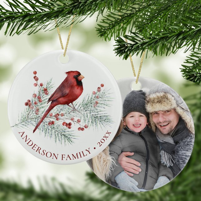 Family Photo Cardinal on Snowy Pine Christmas Ceramic Ornament (Creator Uploaded)