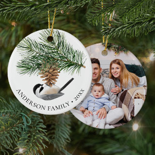 Family Photo Chickadee Pine Cone Christmas Ceramic Ornament