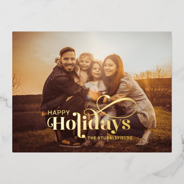 Family Photo Christmas Calligraphy Greetings Gold Foil Holiday Postcard (Front)