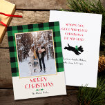 Family Photo Christmas Custom Green Flat Holiday Card<br><div class="desc">Add a little whimsical charm to the holiday season with a custom photo Christmas card! Your favourite photo paired with a traditional Buffalo Plaid pattern, and a vintage-inspired illustration of a Scottish Terrier wearing a bow. Personalise the template with your family name and personal message. Simple, cute, and fun —...</div>