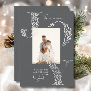 Family Photo Christmas Elegant Joy Floral Silver  Holiday Card