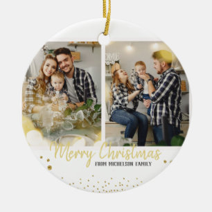 Family Photo Christmas Gold Confetti Ceramic Ornament