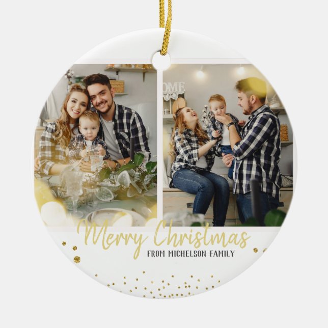 Family Photo Christmas Gold Confetti Ceramic Ornament (Front)