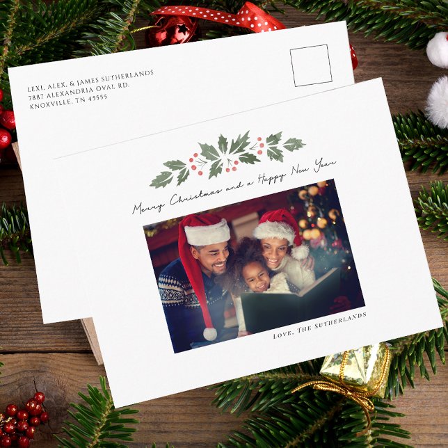 Family Photo Christmas Holiday Postcard (Modern Family Photo Script Christmas Greetings)