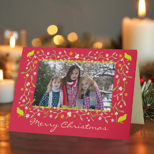 Family photo christmas mistletoe stars red holiday card