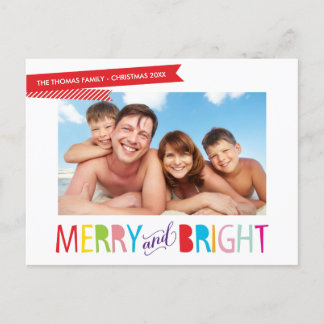 FAMILY PHOTO CHRISTMAS modern type merry & bright Holiday Postcard