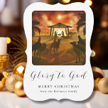 Family Photo Christmas Nativity Glory to God Card<br><div class="desc">Personalise the front of this elegant Christmas card by adding your favourite family photo, name and custom holiday message. This trendy religious Christmas card features a traditional nativity scene with "Glory to God" displayed in elegant calligraphy script on the front of the card. Customise back of card with your photo...</div>