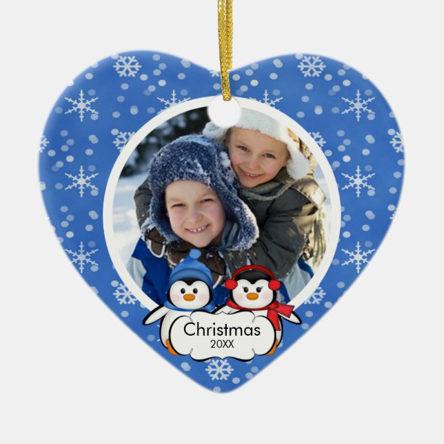 Family Photo Christmas Ornament Cute Penguins (Front)