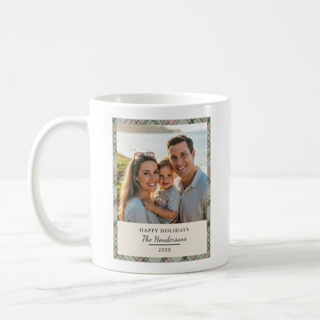 Family Photo Christmas Plaid Sage Green Tartan Coffee Mug (Left)