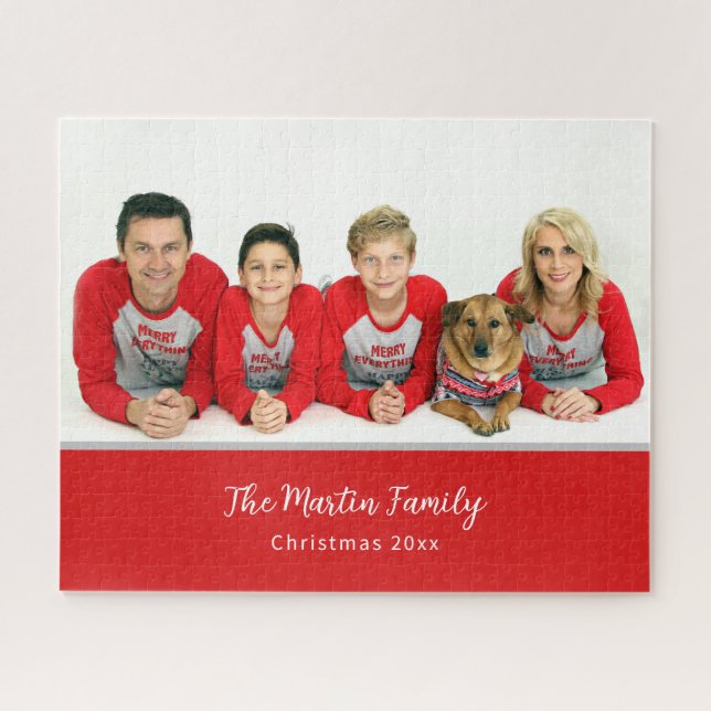 Family Photo Christmas Pyjamas Personalised Red Jigsaw Puzzle (Horizontal)