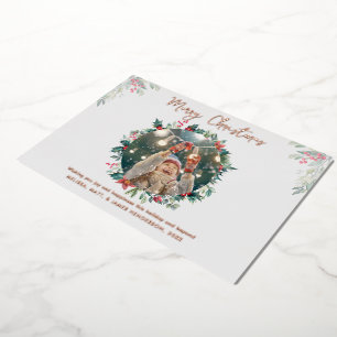 Family Photo Christmas Rustic Plaid Rose Gold Foil Holiday Card