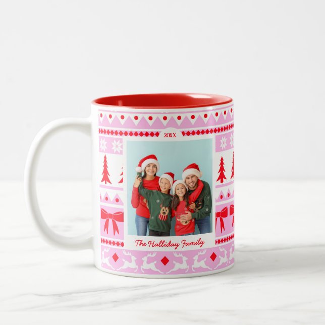 Family Photo Christmas Sweater Pink & Red Two-Tone Coffee Mug (Left)
