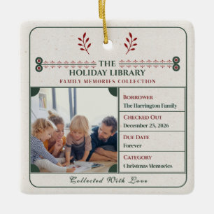 Family Photo Christmas Vintage Library Card Ceramic Ornament