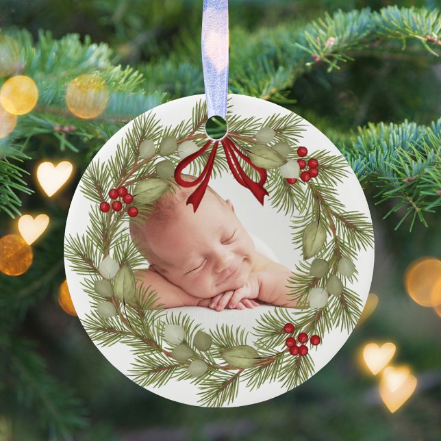 Family Photo Christmas Wreath Custom Ceramic Ornament (Christmas holiday photo wreath circle ceramic ornament.)