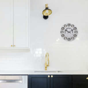 Family Photo Circles on Photo of Tree Slice Large Clock