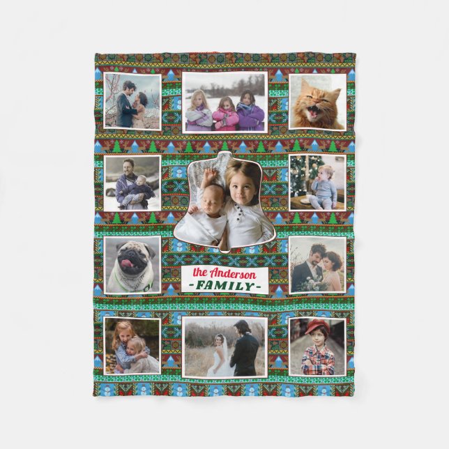 Family Photo Collage 11 Custom Christmas Pattern Fleece Blanket (Front)