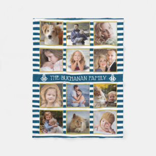 Family Photo Collage 12 Pics Name Nautical Stripes Fleece Blanket