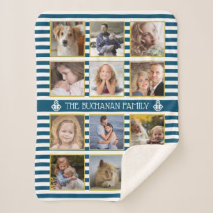 Family Photo Collage 12 Pics Name Nautical Stripes Sherpa Blanket