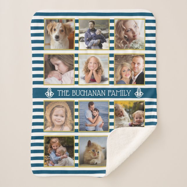 Family Photo Collage 12 Pics Name Nautical Stripes Sherpa Blanket (Front)