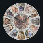 Family Photo Collage 13 Farmhouse Wood Custom Easy Large Clock<br><div class="desc">This modern farmhouse photo collage clock features 13 of your favourite family photographs in a circle shape, with one picture in the centre and 12 around it, coinciding with the clock hours. Each photo has a border of rustic brown. The design also includes darker brown numbers with a textured look....</div>