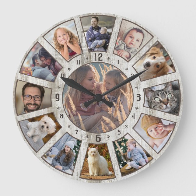 Family Photo Collage 13 Farmhouse Wood Custom Easy Large Clock (Front)