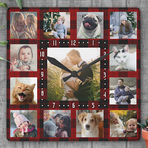 Family Photo Collage 13 Instagram Pics   Red Plaid Square Wall Clock