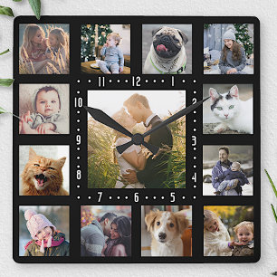 Family Photo Collage 13 Instagram Pictures   Black Square Wall Clock
