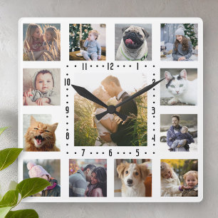 Family Photo Collage 13 Instagram Pictures White Square Wall Clock