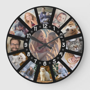Family Photo Collage 13 Pic and Numbers Easy Black Large Clock