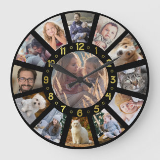 Family Photo Collage 13 Pics Gold Numbers Black Large Clock