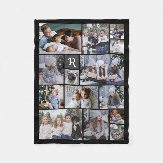 Family Photo Collage 14 Pics + Monogram Black Easy Fleece Blanket (Front)