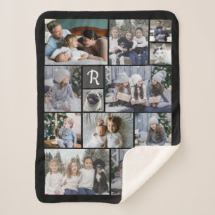 Family Photo Collage 14 Pics + Monogram Black Easy Sherpa Blanket