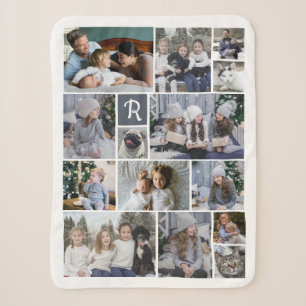 Family Photo Collage 14 Pics + Monogram White Easy Sherpa Blanket