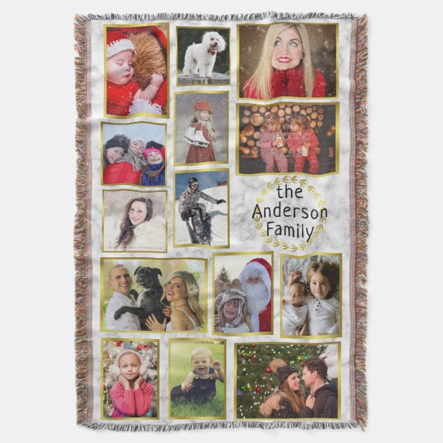 Family Photo Collage 14 Pictures Marble Gold Easy Throw Blanket (Front Vertical)
