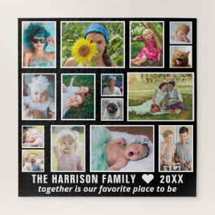 Family Photo Collage 15 Custom Black White Square Jigsaw Puzzle