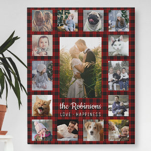 Family Photo Collage 15 + Name Red Buffalo Plaid Faux Canvas Print
