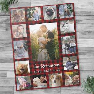 Family Photo Collage 15 + Name Red Buffalo Plaid Fleece Blanket