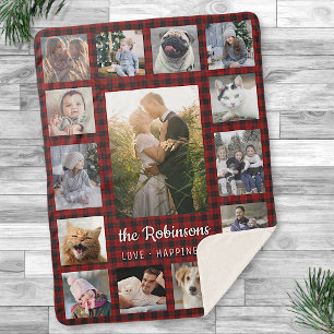 Family Photo Collage 15 + Name Red Buffalo Plaid Sherpa Blanket