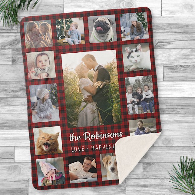 Family Photo Collage 15 + Name Red Buffalo Plaid Sherpa Blanket (Creator Uploaded)