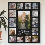 Family Photo Collage 15 Pictures   Name Black Easy Faux Canvas Print<br><div class="desc">Display your family or wedding memories with this beautiful photo collage design. This design includes one large central vertical photo, along with 2 smaller vertical photos and 12 square Instagram-style pictures. Add your name in very light grey. The words "Love - Happiness" can also be changed or left as-is (they...</div>