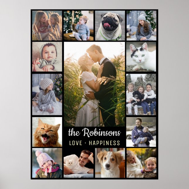 Family Photo Collage 15 Pictures + Name Black Easy Poster (Front)