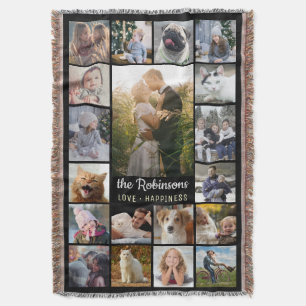 Family Photo Collage 15 Pictures + Name Black Easy Throw Blanket