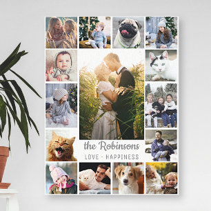 Family Photo Collage 15 Pictures + Name Grey White Canvas Print