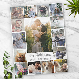 Family Photo Collage 15 Pictures + Name Grey White Fleece Blanket